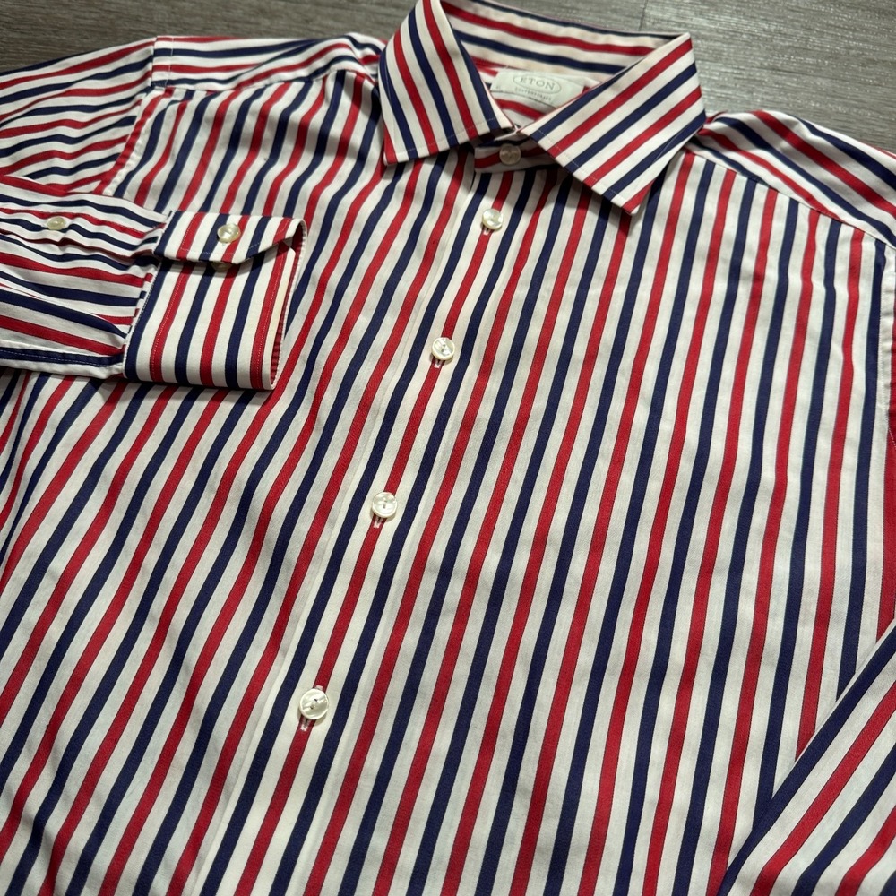 Eton Shirt Mens 16 41 Blue Red Stripe Contemporary Vintage 100% Cotton Preppy